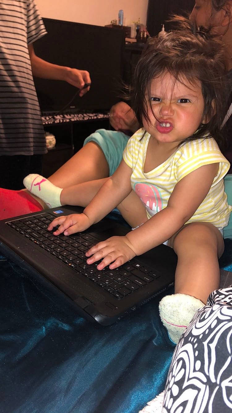 Allyana joined the competition — help win amazing prizes! anger, computer, computer_keyboard, electronic_device, event, fashion, fun, happy, human_leg, input_device, lap, laptop, leg, leisure, netbook, office_equipment, person, personal_computer, technology, thigh