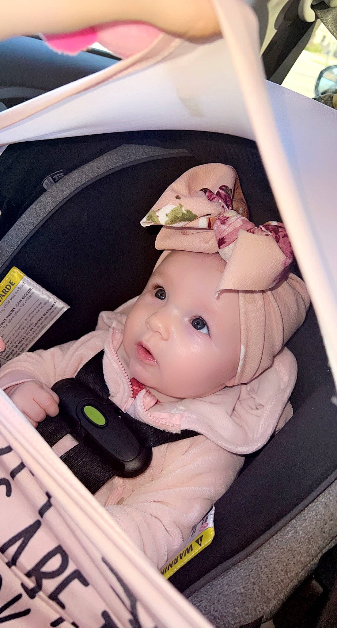 Braelynn joined the competition — help win amazing prizes! auto_part, baby, baby_carriage, baby_in_car_seat, baby_products, baby_safety, baby_toddler_clothing, baby_toys, car_seat, cheek, child, comfort, fashion_accessory, headwear, infant_bed, person, photograph, pink, product, sitting