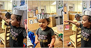 Cheyanne is registered to the contest to win money with this photo: activity_table, background_poster, braided_hair, child, classroom, crafting, curly_hair, indoor, paper_crown, paper_hat, playroom, smiling, text_on_shirt, toddler, toy_car, toys, tshirt, two_children, wooden_chair, wooden_floor