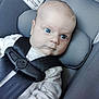 Sawyer joined the competition — help win amazing prizes! baby, child, car_seat, blue_eyes, straps, safety_harness, gray, infant, clothing, seat_padding, warning_label, closeup, face, head_support, person, young_child, indoors, serious_expression, skin, sitting