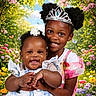 african_american, baby, butterflies, child, colorful_flowers, cute, family, flower_garden, greenery, happy, joy, nature, outdoor, playful, portrait, sisters, smiling, summer, sunlight, tiara