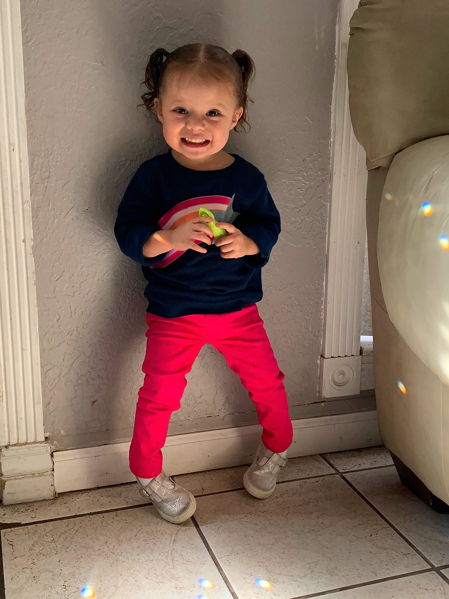 Jocelynn joined the competition — help win amazing prizes! abdomen, child, fun, jeans, joy, leg, person, pink, smile, standing, toddler