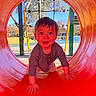 toddler, child, playground, slide, red, crawling, smiling, happy, outdoor, daylight, toy, play, fun, park, clothing, person, face, hands, nature, trees