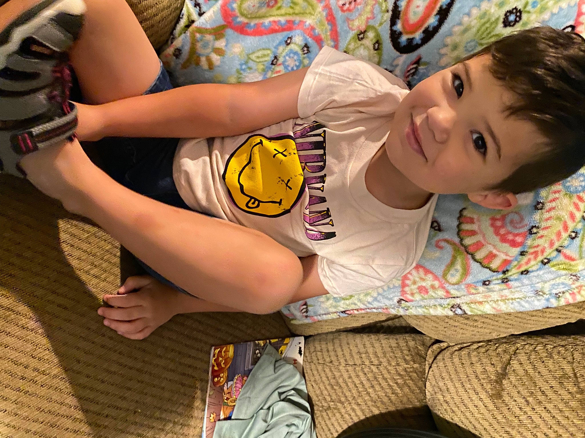 Killian joined the competition — help win amazing prizes! abdomen, baby, child, elbow, eye, face, flooring, fun, happy, human_leg, joy, leisure, pattern, person, play, recreation, room, sitting, t_shirt, thigh