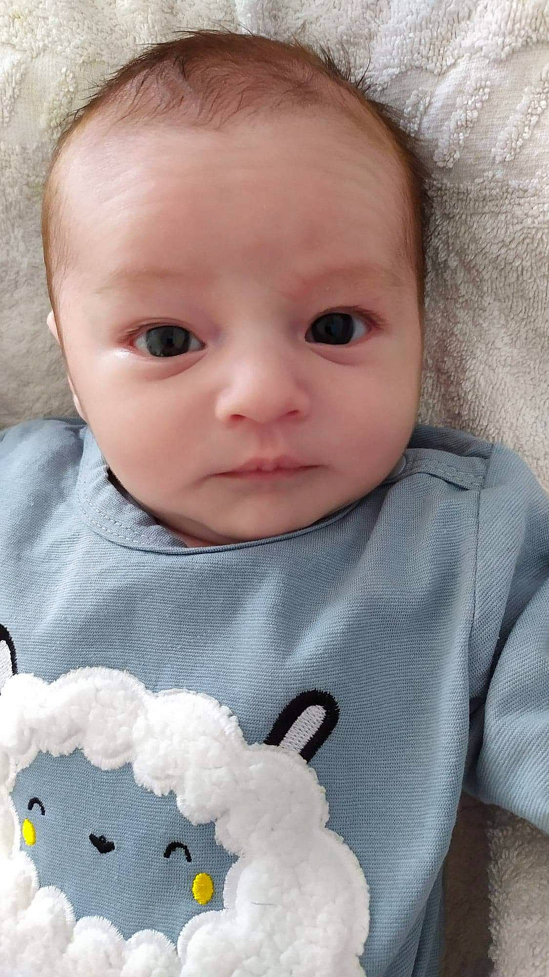 Jack participe au concours pour gagner de l'argent avec cette photo : azure, baby, baby_products, baby_toddler_clothing, beauty, cheek, child, dress, eyelash, hairstyle, iris, lip, nose, pattern, person, sitting, skin, sleeve, t_shirt, textile