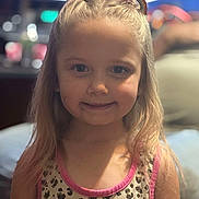 Delilah joined the competition — help win amazing prizes! child, girl, smile, portrait, leopard_print, tank_top, pink_trim, blonde_hair, double_buns, indoor, soft_lighting, face, hair, cute, happy, person, fashion, casual, background_blur, closeup