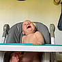 baby, high_chair, laughing, indoor, child, bare_skin, face, foot, hand, toy, clock, wall, hat, seat, furniture, diaper, smile, happy, person, home