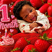 Ja'Lani West joined the competition — help win amazing prizes! baby, infant, smiling, strawberries, cupcake, candle, celebration, red, blanket, cute, food, sweet, fruit, one_month, portrait, happy, closeup, child, holiday, festive