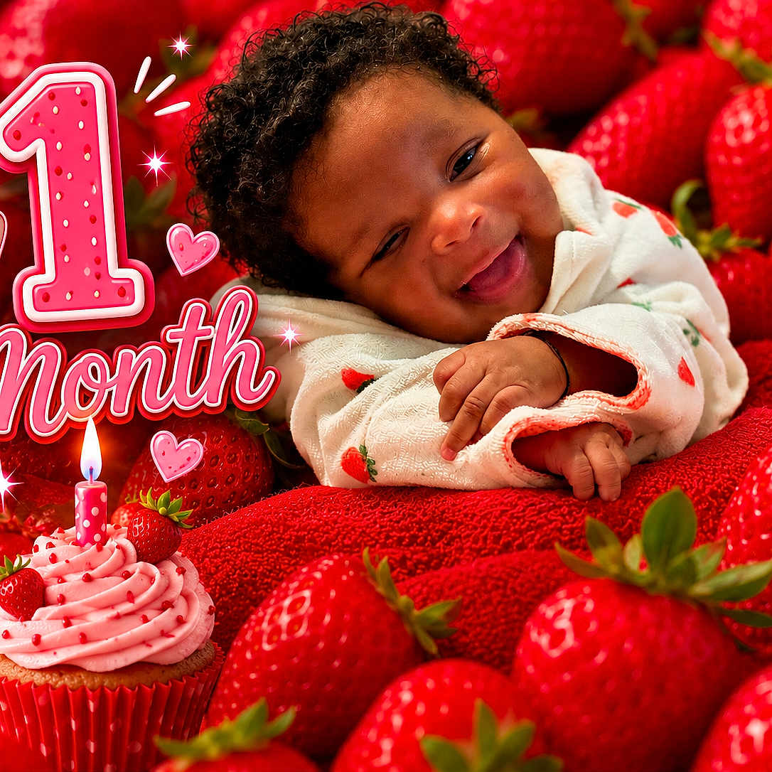 Ja'Lani West joined the competition — help win amazing prizes! baby, infant, smiling, strawberries, cupcake, candle, celebration, red, blanket, cute, food, sweet, fruit, one_month, portrait, happy, closeup, child, holiday, festive