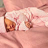 Devahni joined the competition — help win amazing prizes! baby, newborn, sleeping, pink, striped_pajamas, hat, blanket, soft, cozy, infant, cute, peaceful, bed, closeup, child, rest, face, comfort, warm, portrait
