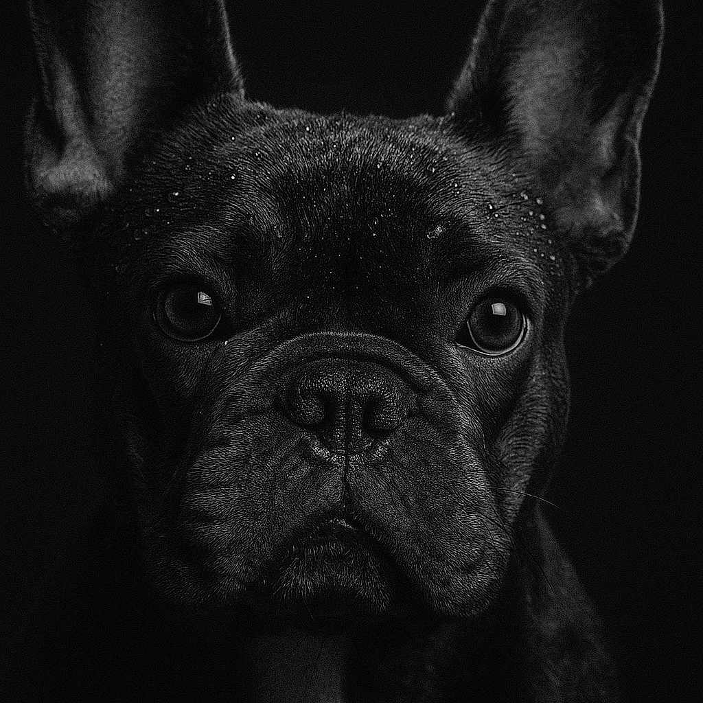 Cardi B is registered to the contest to win money with this photo: animal, black_and_white, canine, close_up, dark_background, dog, ears, expression, eyes, french_bulldog, fur, mammal, nose, pet, portrait, snout, studio_lighting, texture, water_droplets, whiskers