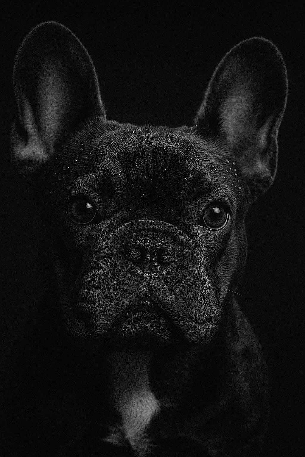Cardi B is registered to the contest to win money with this photo: dog, french_bulldog, black_and_white, portrait, close_up, pet, animal, water_droplets, fur, ears, eyes, snout, nose, whiskers, studio_lighting, dark_background, texture, expression, canine, mammal