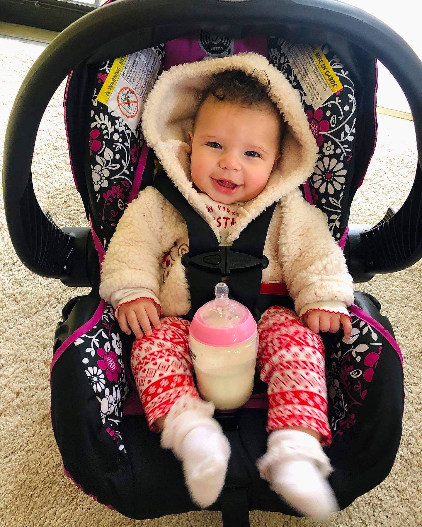 Kairi joined the competition — help win amazing prizes! baby, baby_in_car_seat, baby_products, car_seat, cheek, child, happy, person, pink, play, product, sitting, skin, toddler