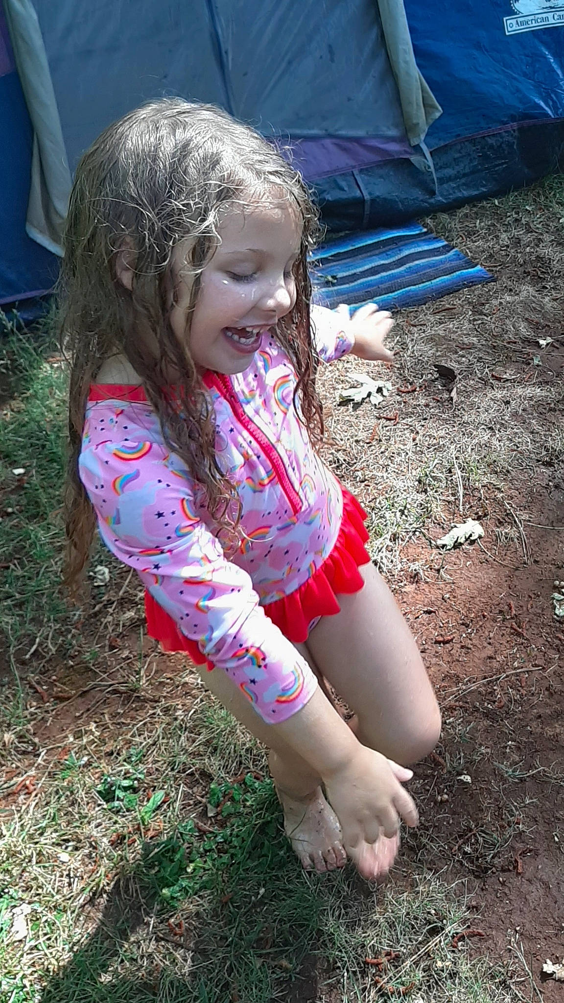 Seraphina joined the competition — help win amazing prizes! blond, brown_hair, child, cool, fun, grass, hair, hairstyle, happy, head, human_leg, long_hair, magenta, people_in_nature, person, plant, smile, soil, t_shirt, thigh