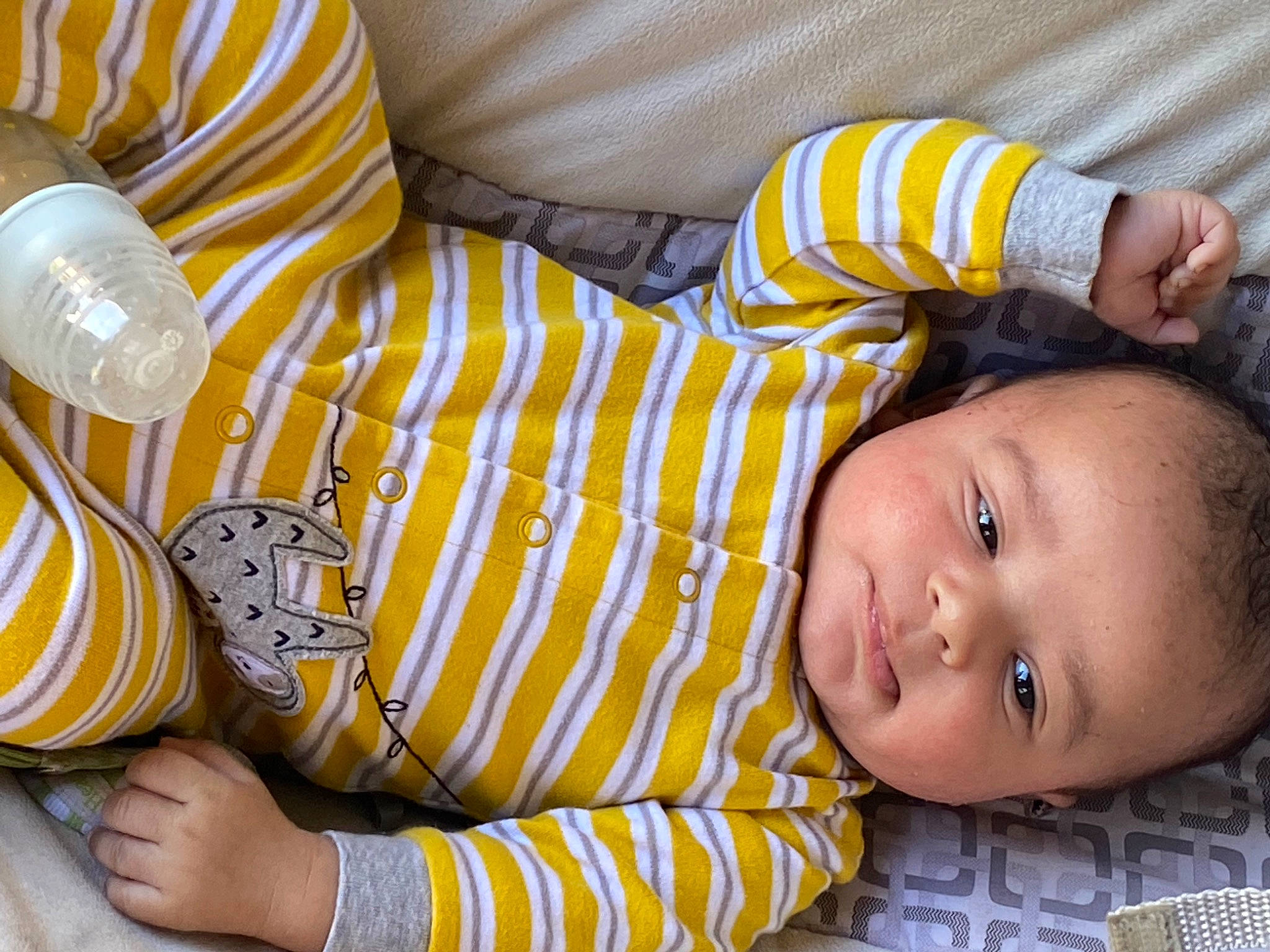 Deandre is registered to the contest to win money with this photo: baby, baby_toddler_clothing, cheek, child, comfort, couch, finger, grass, hairstyle, hand, happy, human_body, mammal, mouth, nose, orange, person, skin, sleeve, toddler