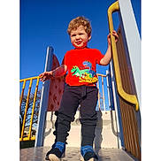 Hudzy is registered to the contest to win money with this photo: child, toddler, playground, slide, handrail, red_tshirt, dinosaur, blue_sky, outdoor, sunlight, shoes, pants, curly_hair, smiling, person, play, recreation, daytime, fun, park