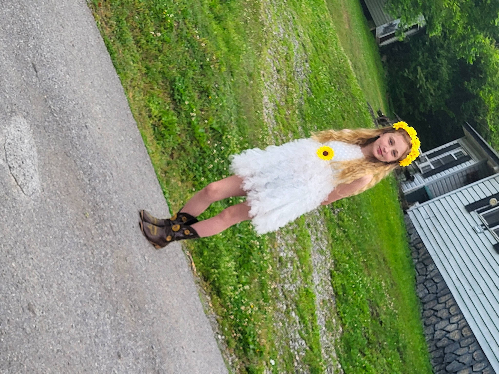 Elena is registered to the contest to win money with this photo: asphalt, backyard, concrete, dress, fun, grass, happy, human_leg, joy, landscape, leisure, people_in_nature, person, plant, recreation, road, road_surface, shadow, shrub, sidewalk