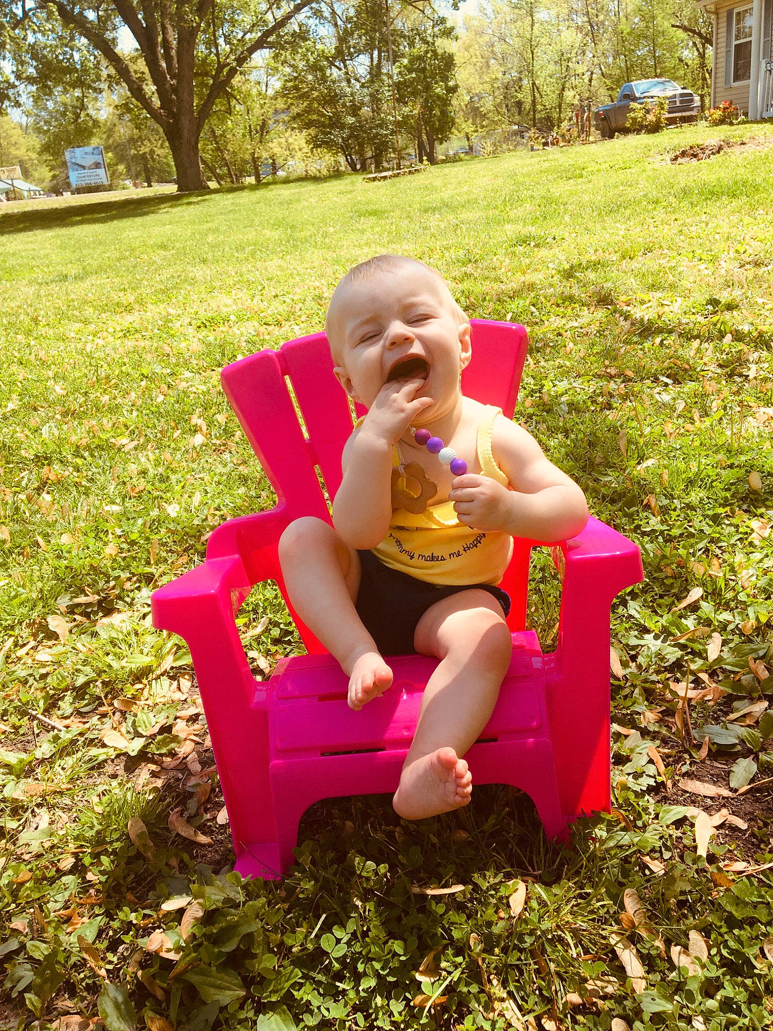 Annabelle joined the competition — help win amazing prizes! baby, child, fun, furniture, grass, green, leaf, leg, leisure, person, pink, plant, play, recreation, red, sitting, spring, summer, toddler, tree