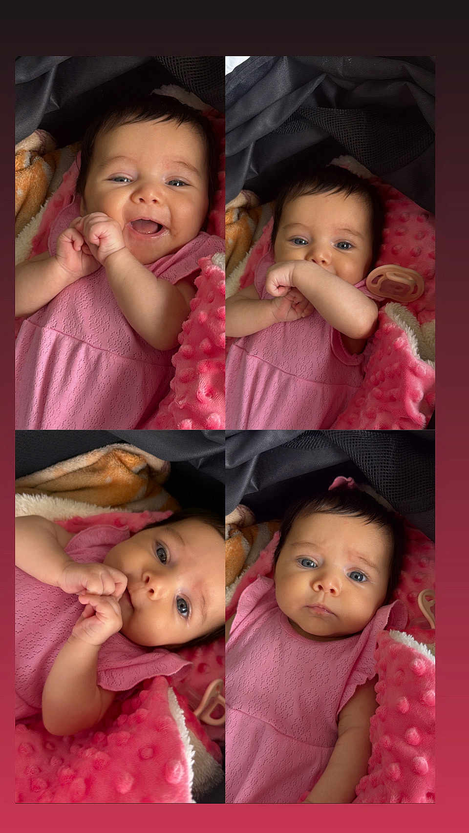 Sophia joined the competition — help win amazing prizes! baby, infant, pink_dress, blanket, portrait, close_up, cute, child, smile, expression, face, lying_down, cozy, soft_texture, pacifier, hands, blue_eyes, black_hair, indoors, collage
