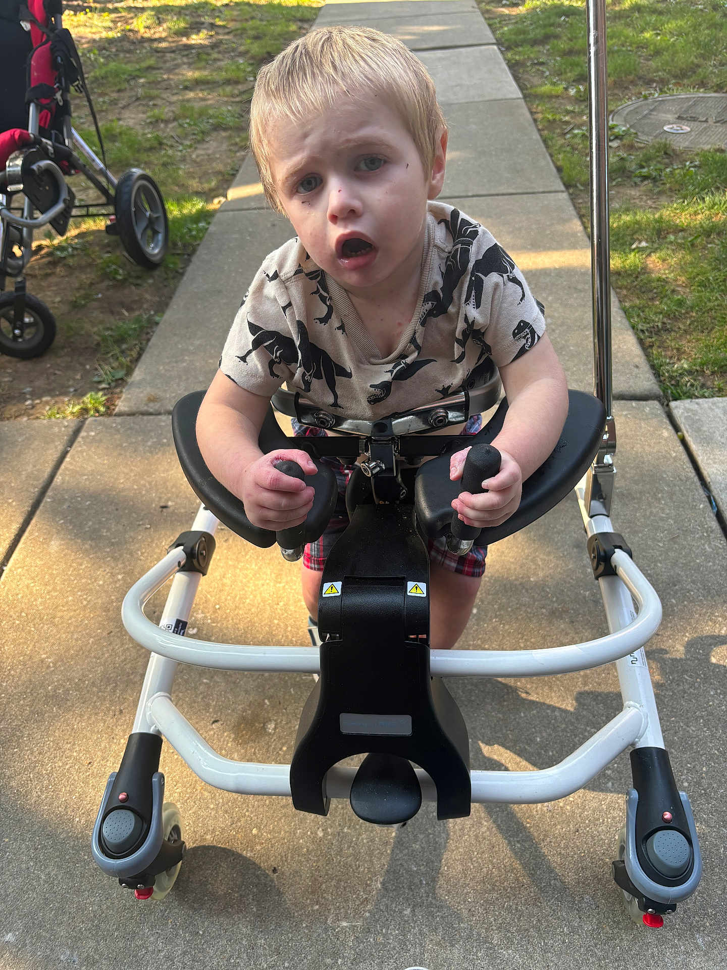 Ryan is registered to the contest to win money with this photo: baby, bicycle, e_scooter, face, furniture, grass, head, machine, nature, outdoors, park, person, photography, plant, portrait, spoke, stroller, transportation, vehicle, wheel