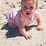 baby, child, sand, beach, ocean, water, waves, sunlight, outdoor, crawling, pink_clothing, summer, nature, infant, cute, portrait, happy, face, skin, daytime