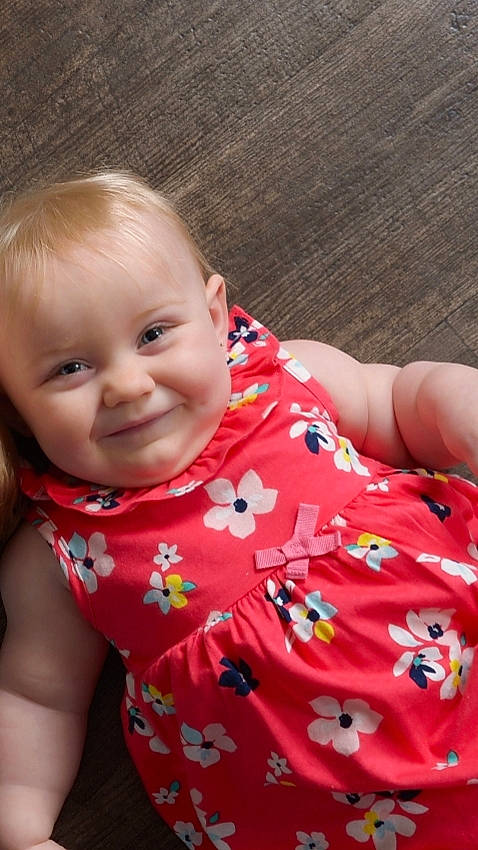 Danni joined the competition — help win amazing prizes! baby, baby_toddler_clothing, cheek, child, dress, pattern, person, pink, skin, toddler