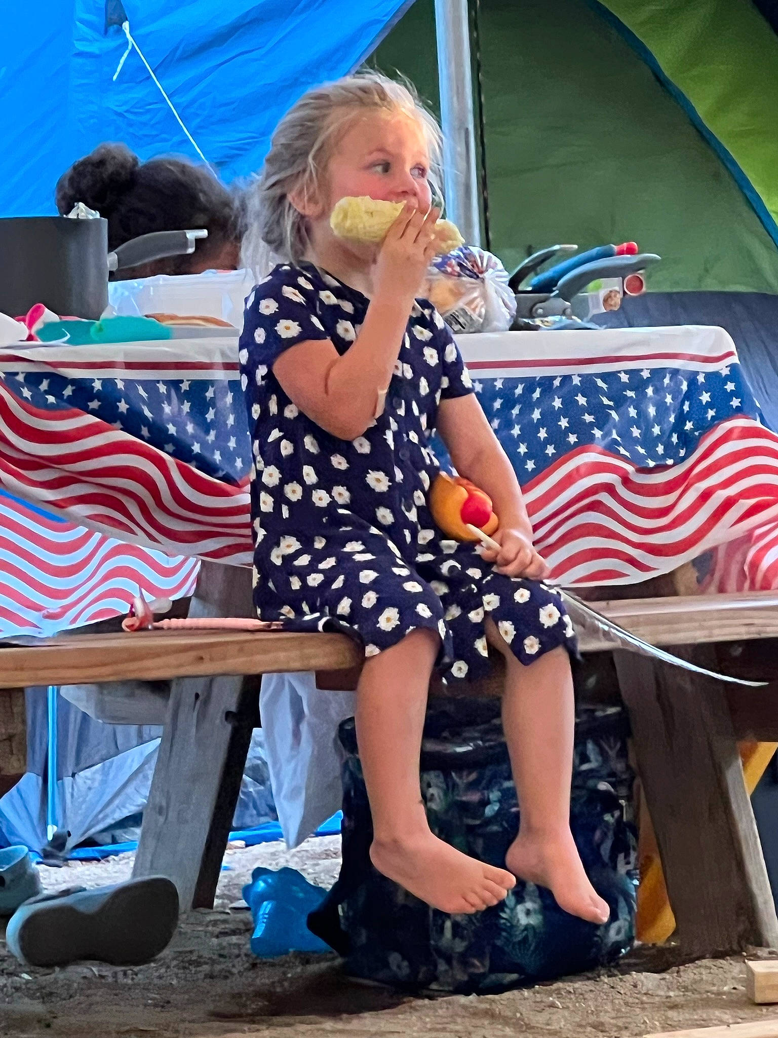 Mia joined the competition — help win amazing prizes! bench, blond, electric_blue, entertainment, event, eyewear, fashion_accessory, flag_of_the_united_states, foot, fun, human_leg, leisure, pattern, person, recreation, sandal, sitting, style, summer, textile