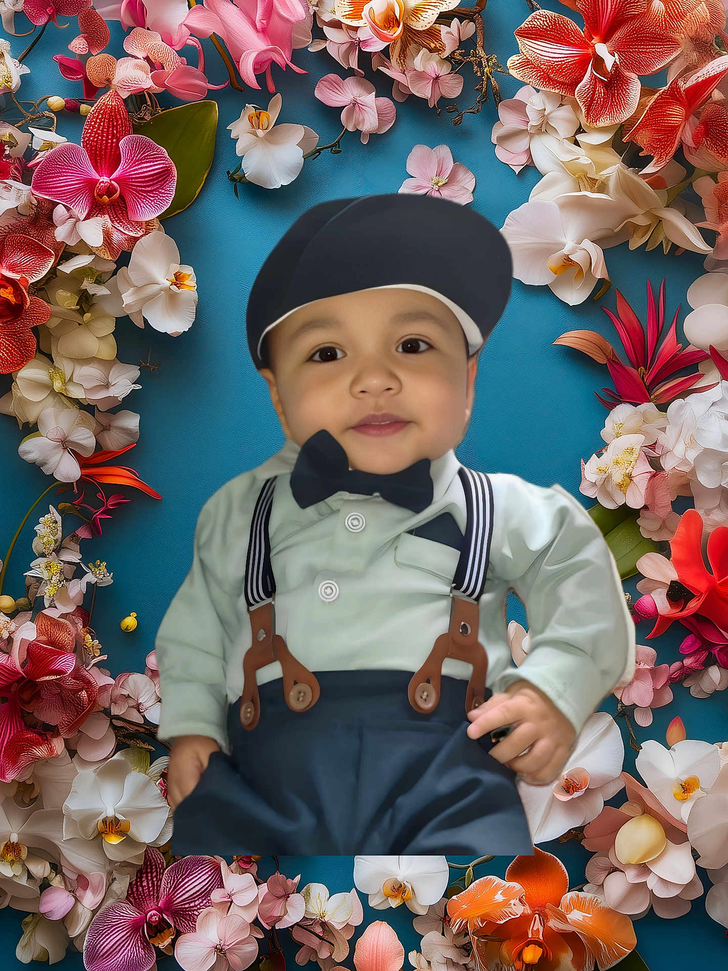 Journey is registered to the contest to win money with this photo: child, baby, toddler, bow_tie, suspenders, cap, portrait, floral_background, orchids, flowers, petals, blue_background, smile, face, eyes, clothing, formal_wear, skin, hand, cutout