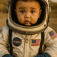 Journey is registered to the contest to win money with this photo: american_flag, astronaut, baby, big_eyes, brown_eyes, child, close_up, curious_expression, cute, desert_background, gloves, helmet, nasa_patch, outdoors, portrait, space_costume, spacesuit, straps, toddler, vintage