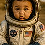 american_flag, astronaut, baby, big_eyes, brown_eyes, child, close_up, curious_expression, cute, desert_background, gloves, helmet, nasa_patch, outdoors, portrait, space_costume, spacesuit, straps, toddler, vintage