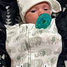 Aurora joined the competition — help win amazing prizes! baby, infant, child, portrait, pacifier, hat, white_hat, pajamas, onesie, elephant_pattern, raccoon_sticker, blanket, bedding, lying_down, indoors, close_up, face, eyes_open, cute, cozy