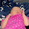 Aurora joined the competition — help win amazing prizes! arms_up, baby, bed, bedding, blue_blanket, candid, child, closed_eyes, cozy, face, home, indoors, infant, newborn, peaceful, pink_outfit, polka_dots, portrait, resting, sleeping