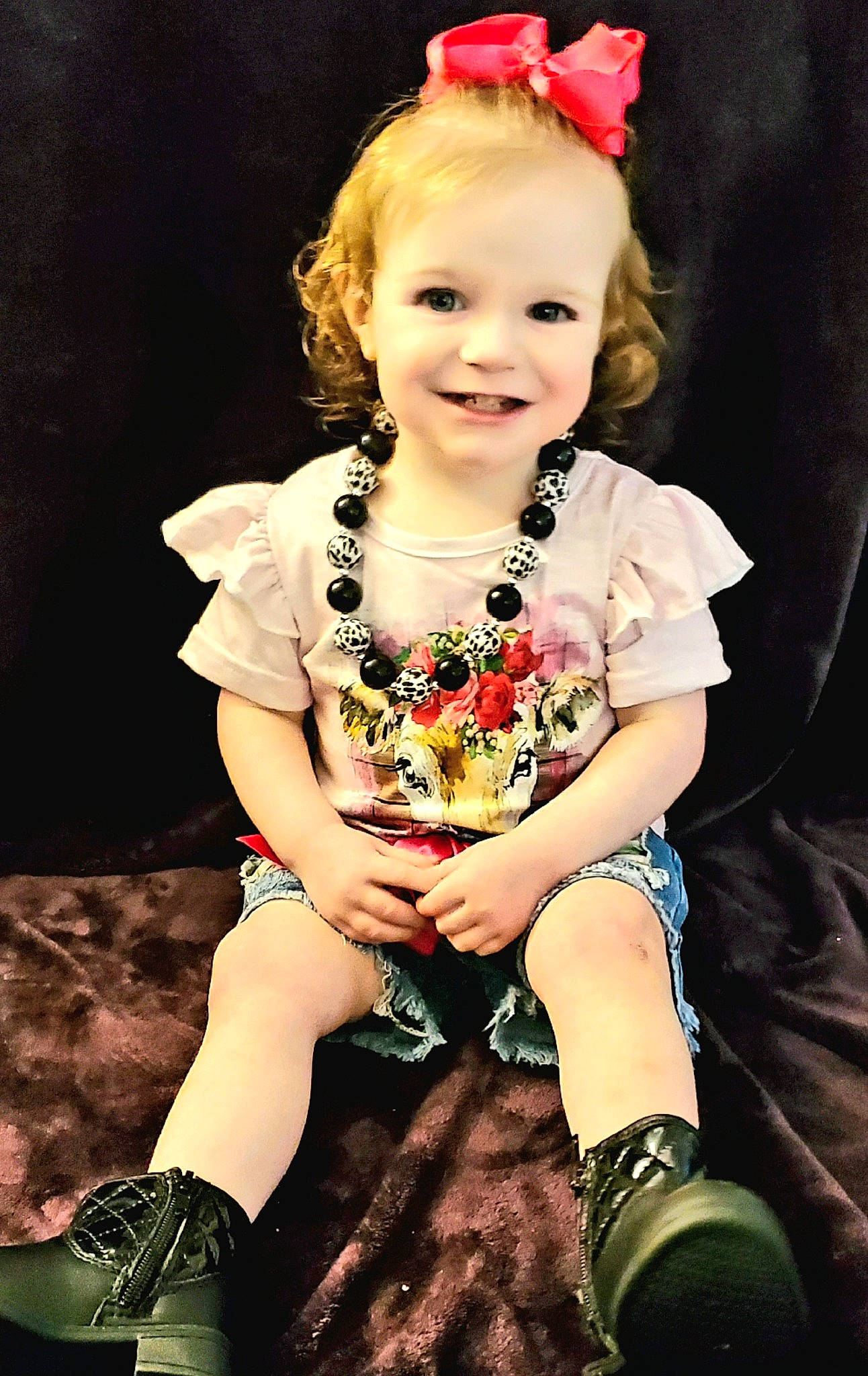 Adalynn joined the competition — help win amazing prizes! baby_toddler_clothing, black, cheek, eye, face, flash_photography, hair, hairstyle, happy, head, iris, joy, person, pink, purple, shoe, skin, sleeve, smile, style