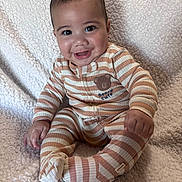 Mailelei joined the competition — help win amazing prizes! baby, infant, smiling, sitting, striped_clothes, onesie, blanket, soft_texture, cute, portrait, face, eyes, hands, feet, cozy, nursery, indoors, happy, young_child, toddler