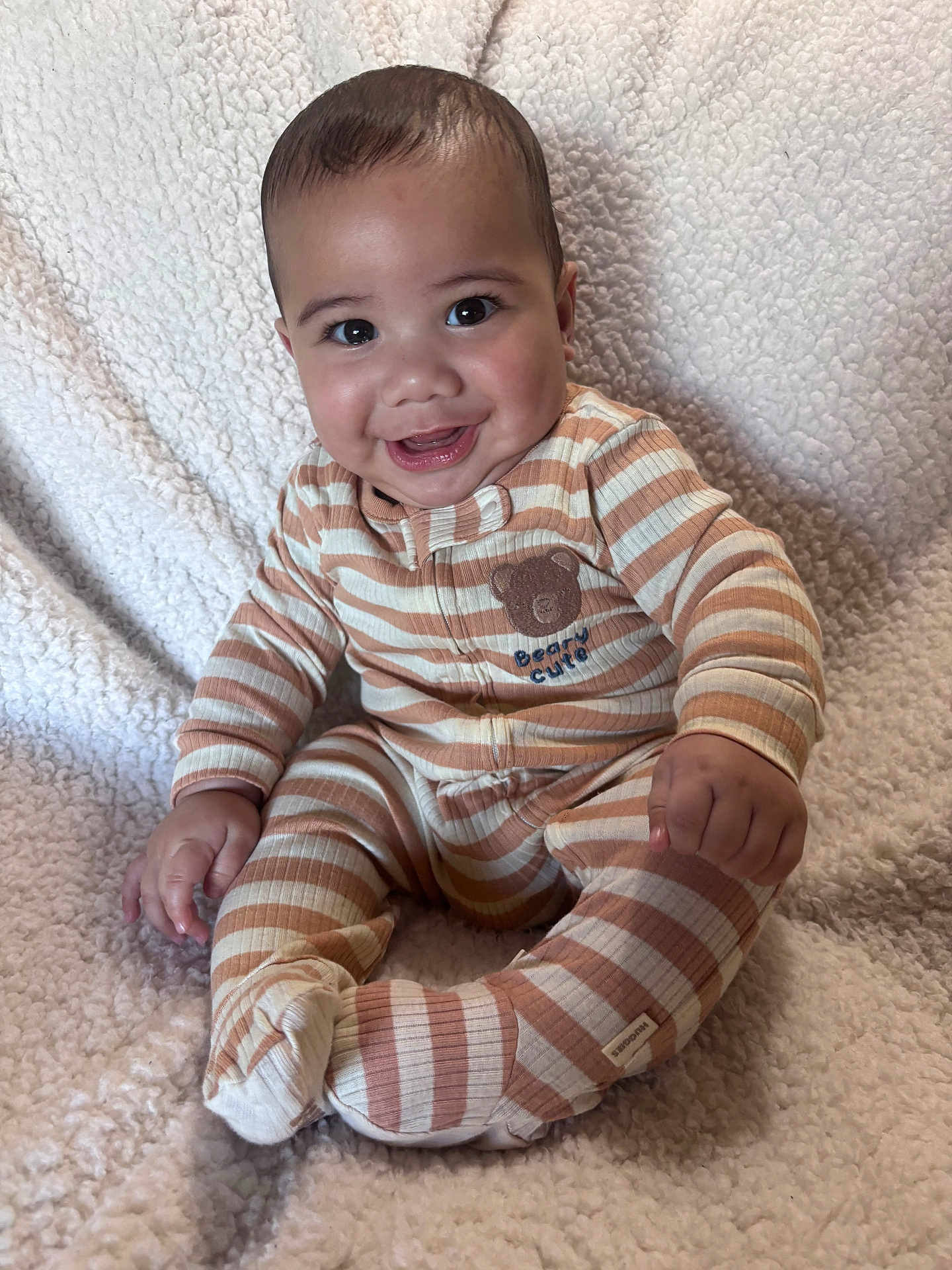 Mailelei joined the competition — help win amazing prizes! baby, infant, smiling, sitting, striped_clothes, onesie, blanket, soft_texture, cute, portrait, face, eyes, hands, feet, cozy, nursery, indoors, happy, young_child, toddler