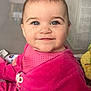Lénah Rosa participe au concours pour gagner de l'argent avec cette photo : baby, child, smiling, face, blue_eyes, pink_clothing, portrait, happy, cute, infant, sitting, indoors, soft_background, closeup, person, young_child, baby_girl, apparel, cozy, warm