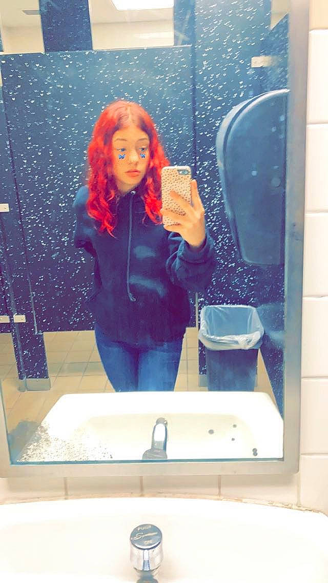 Jaclyn joined the competition — help win amazing prizes! bathroom, bathroom_sink, beauty, blond, electric_blue, fun, glass, long_hair, magenta, material_property, mirror, person, photograph, plumbing, plumbing_fixture, purple, rectangle, reflection, room, sink