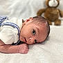 Austin joined the competition — help win amazing prizes! newborn, baby, infant, face, eyes, arm, clothing, striped, white_shirt, blanket, soft, teddy_bear, toy, lying_down, closeup, portrait, cute, child, indoors, soft_light