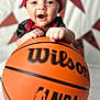 Austin is registered to the contest to win money with this photo: baby, basketball, headband, red, orange, wilson, nba, sports, child, smiling, happy, indoor, toy, hands, closeup, face, background, decoration, fun, playful