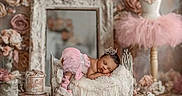 Kaisley joined the competition — help win amazing prizes! baby, cozy, crown, cute, decor, flowers, headband, indoor, lace, miniature_bed, newborn, pastel_colors, pink, portrait, props, sleeping, soft, studio, tutu, vintage