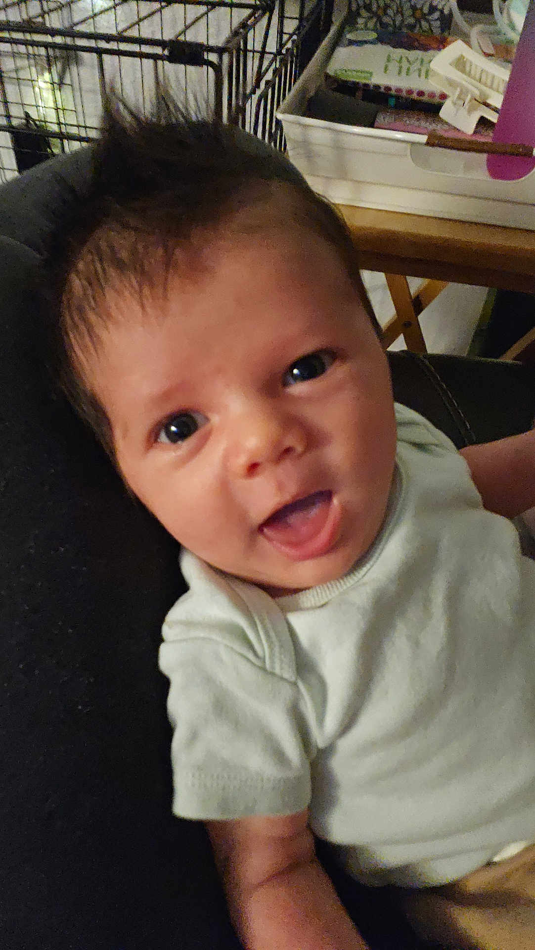 Lukas is registered to the contest to win money with this photo: baby, infant, face, smile, eyes, clothing, indoor, person, happy, cute, child, closeup, young, skin, hair, mouth, expression, sitting, furniture, background