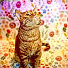 cat, ginger_cat, tabby, animal, pet, feline, sitting, portrait, close_up, whiskers, ears, eyes, fur, striped_fur, indoor, blanket, floral_pattern, colorful, looking_up, photography