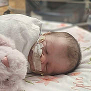 Raven joined the competition — help win amazing prizes! baby, sleeping, blanket, infant, nasal_tube, stuffed_animal, pink, soft, bedspread, floral_pattern, face, head, resting, cozy, cute, child, healthcare, indoors, toddler, peaceful