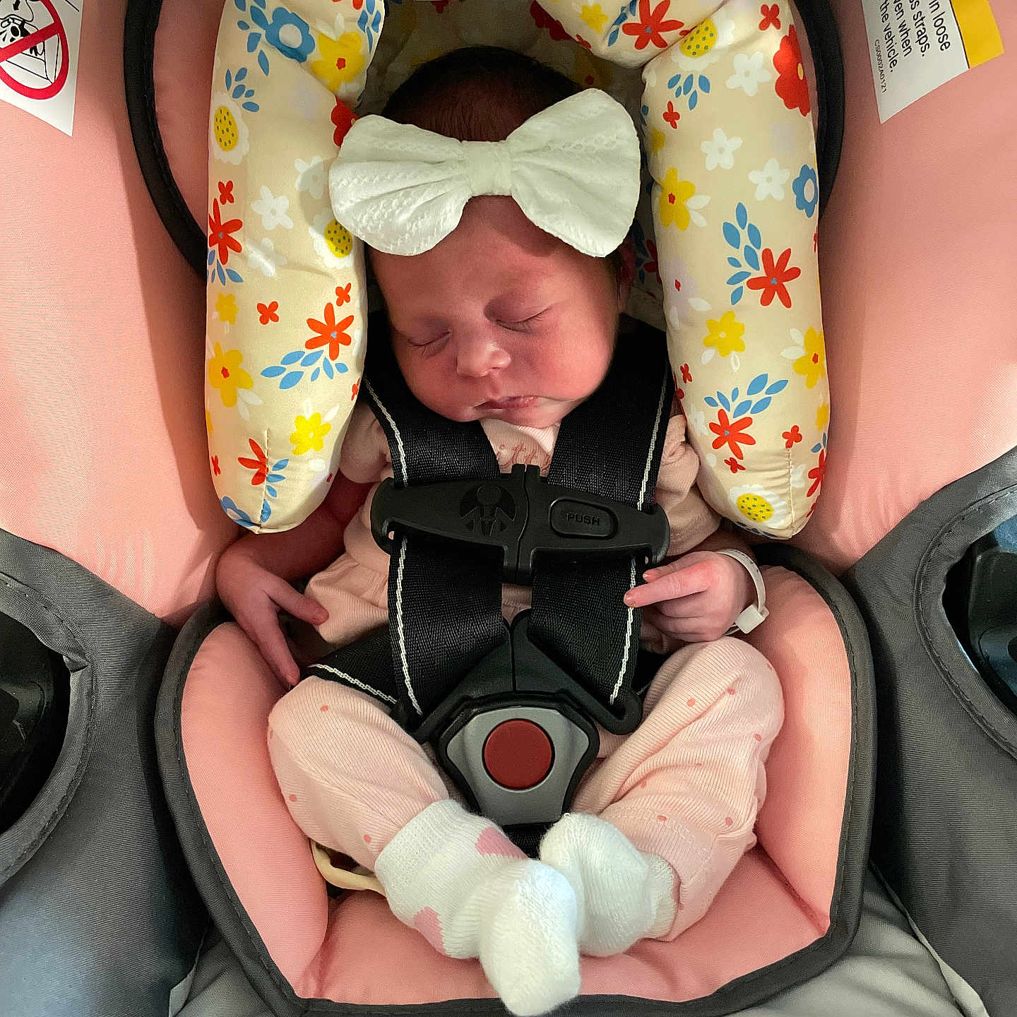 Calianne joined the competition — help win amazing prizes! baby, newborn, car_seat, safety_harness, sleeping, bow, floral_pattern, pink, white_socks, infant, child, cute, peaceful, soft_toys, fabric, seat_cushion, indoors, portrait, resting, child_seat