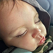 Calum is registered to the contest to win money with this photo: child, sleeping, face, close_up, hood, camo_clothing, eyelashes, lips, pout, cozy, cushion, texture, peaceful, resting, infant, baby, portrait, soft_light, indoors, cute