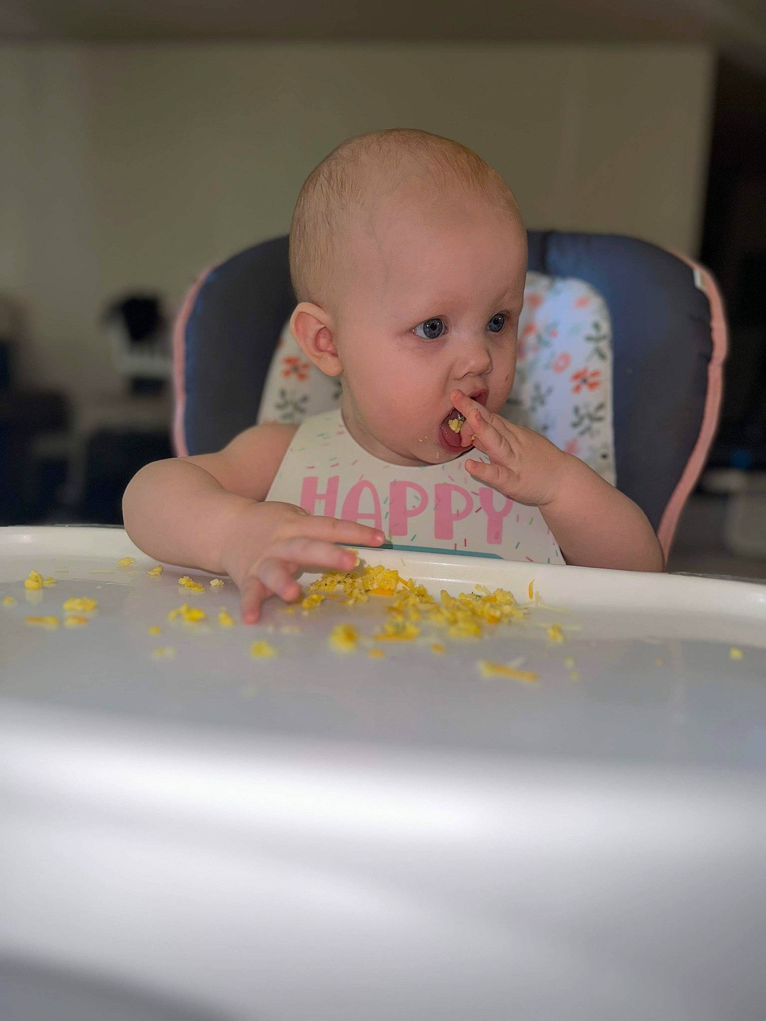 Astrid is registered to the contest to win money with this photo: baby, baby_food, baby_playing_with_food, baby_products, baby_safety, baby_toddler_clothing, bib, chair, cheek, child, drinkware, eye, eyebrow, fun, iris, person, room, sitting, skin, sweetness