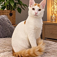 Taz participe au concours pour gagner de l'argent avec cette photo : cat, white_cat, orange_markings, pet, animal, sitting, portrait, fluffy_tail, golden_eyes, upright_ears, indoors, living_room, rug, houseplant, cushion, furniture, candle, warm_lighting, home_decor, cozy