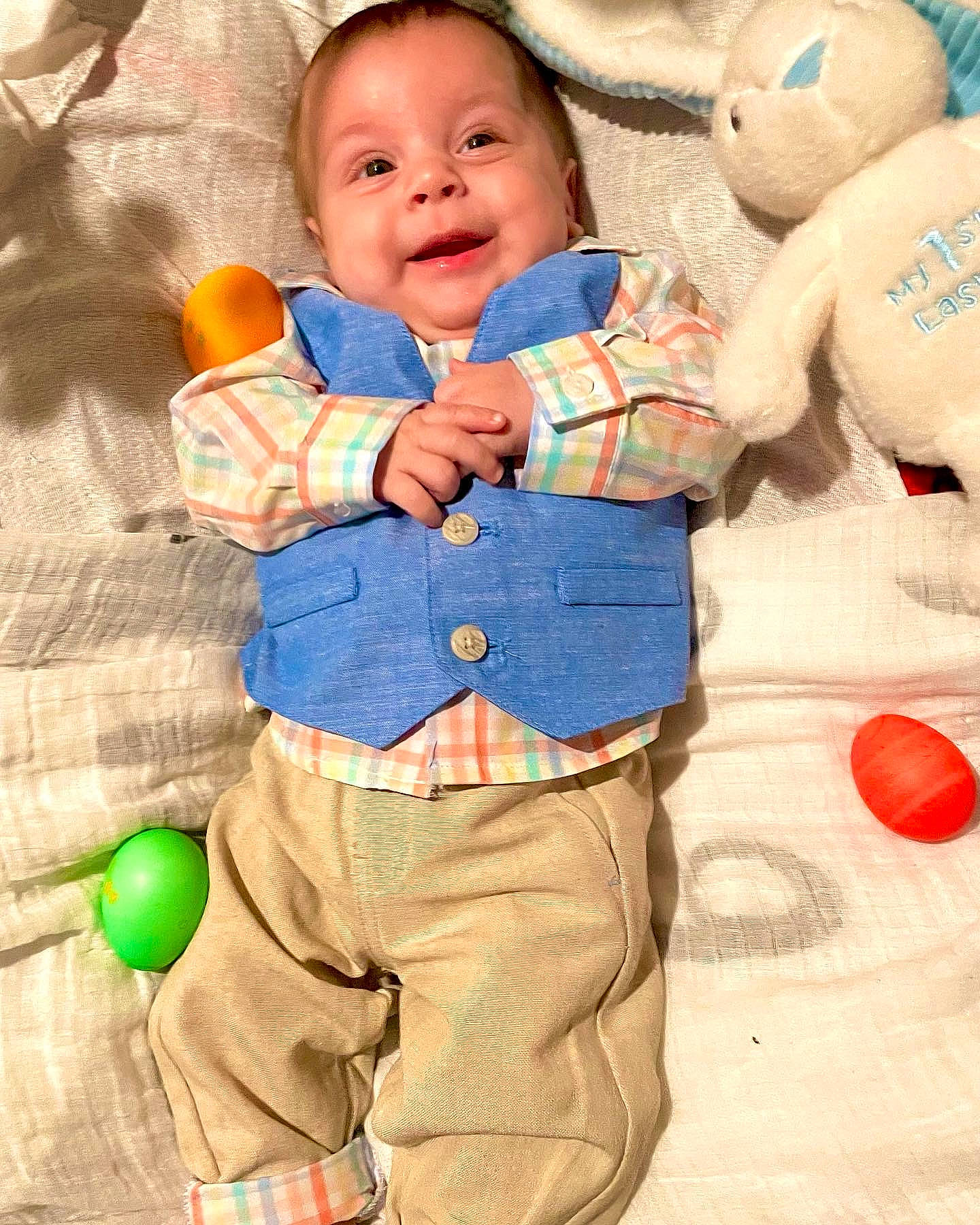 Callahan joined the competition — help win amazing prizes! baby, baby_toddler_clothing, cheek, child, eye, face, facial_expression, happy, orange, organ, outerwear, people, person, photograph, product, skin, sleeve, smile, textile, white