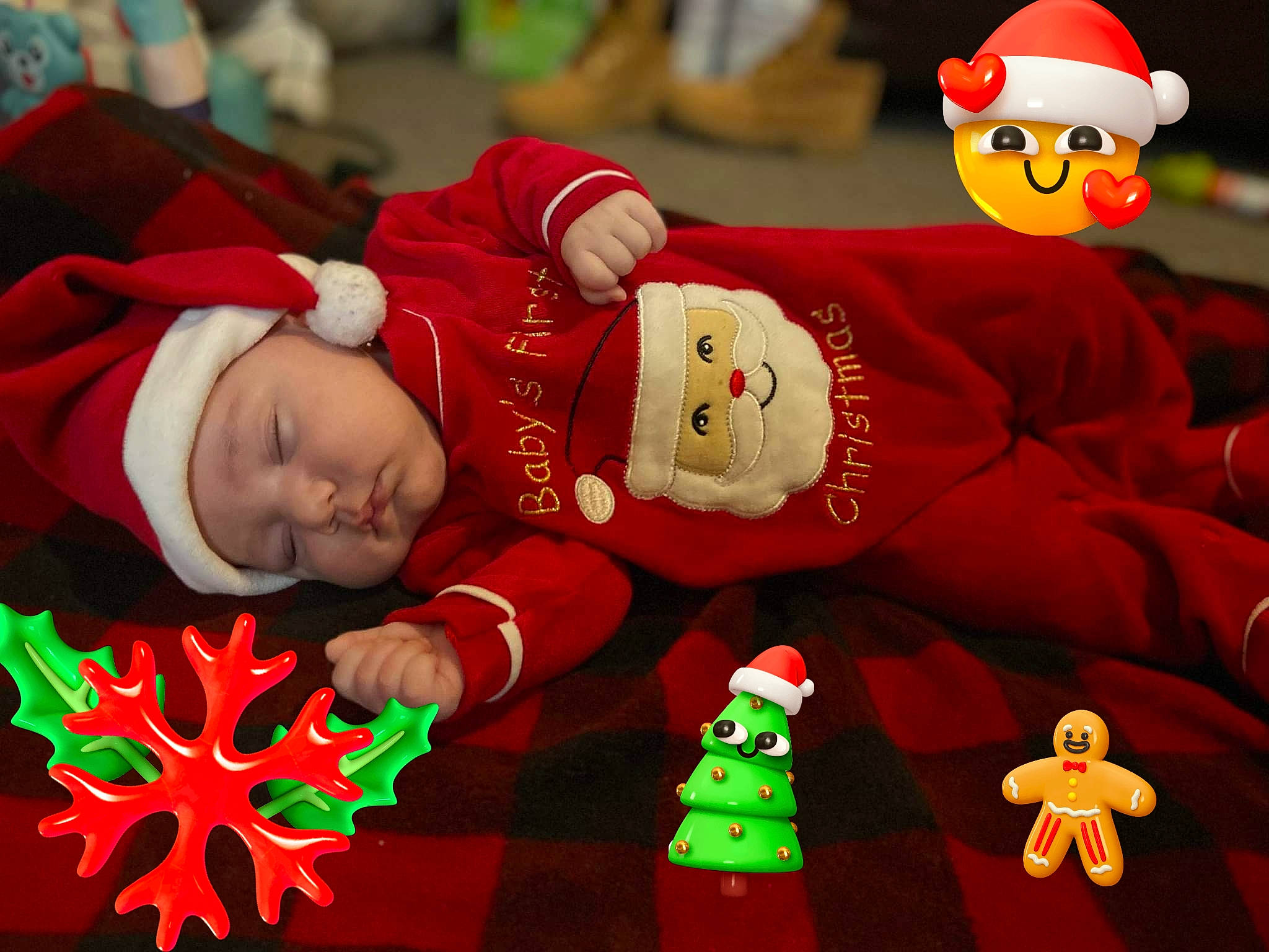Griffin is registered to the contest to win money with this photo: carmine, christmas, christmas_decoration, christmas_eve, costume_hat, event, fictional_character, green, happy, hat, headwear, holiday, lap, mammal, mascot, person, red, santa_claus, smile, toddler