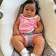 Evangeline is registered to the contest to win money with this photo: adorable, baby, baby_seat, child, chubby_legs, comfort, cushion, cute, gingham, hair_clips, indoor, infant, looking_at_camera, pink_clothing, portrait, relaxed, seat_belt, socks, soft_fabric, white_socks